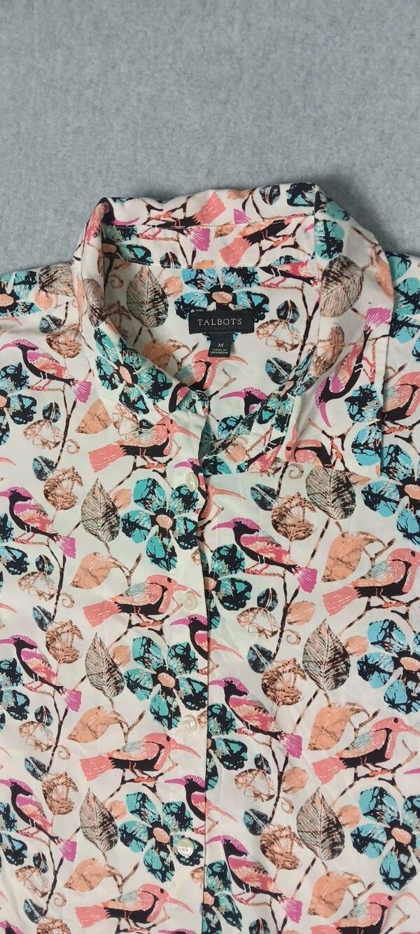 Talbots Long Roll Tab Sleeve Button Up M Floral Bird Print Artsy Career Casual - Picture 3 of 12